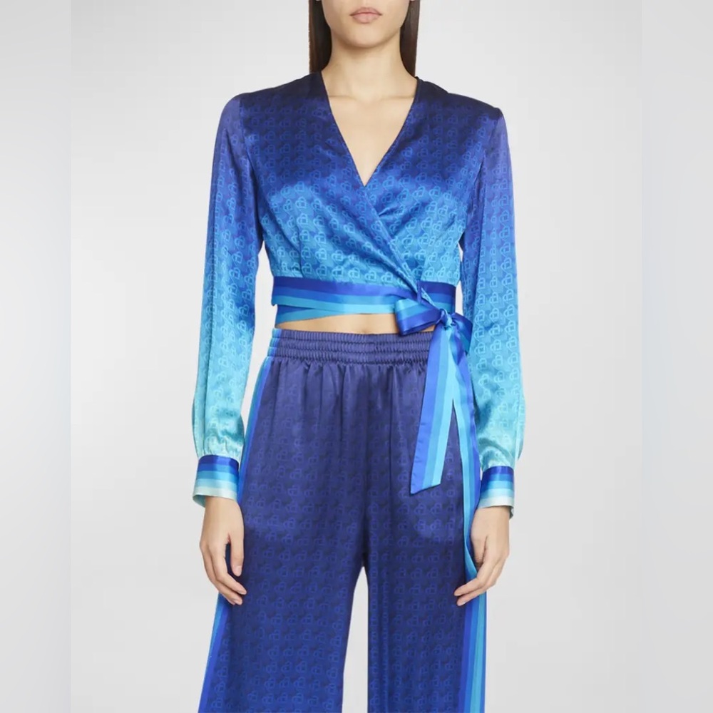CASABLANCA Monogram Tie-Front Wrap Blouse